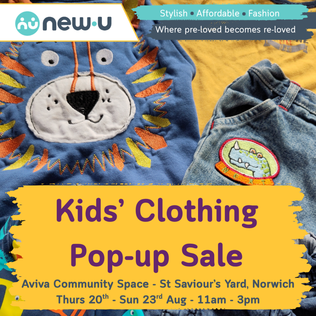 Spread of kids clothing with text: Kids clothing pop-up sale.