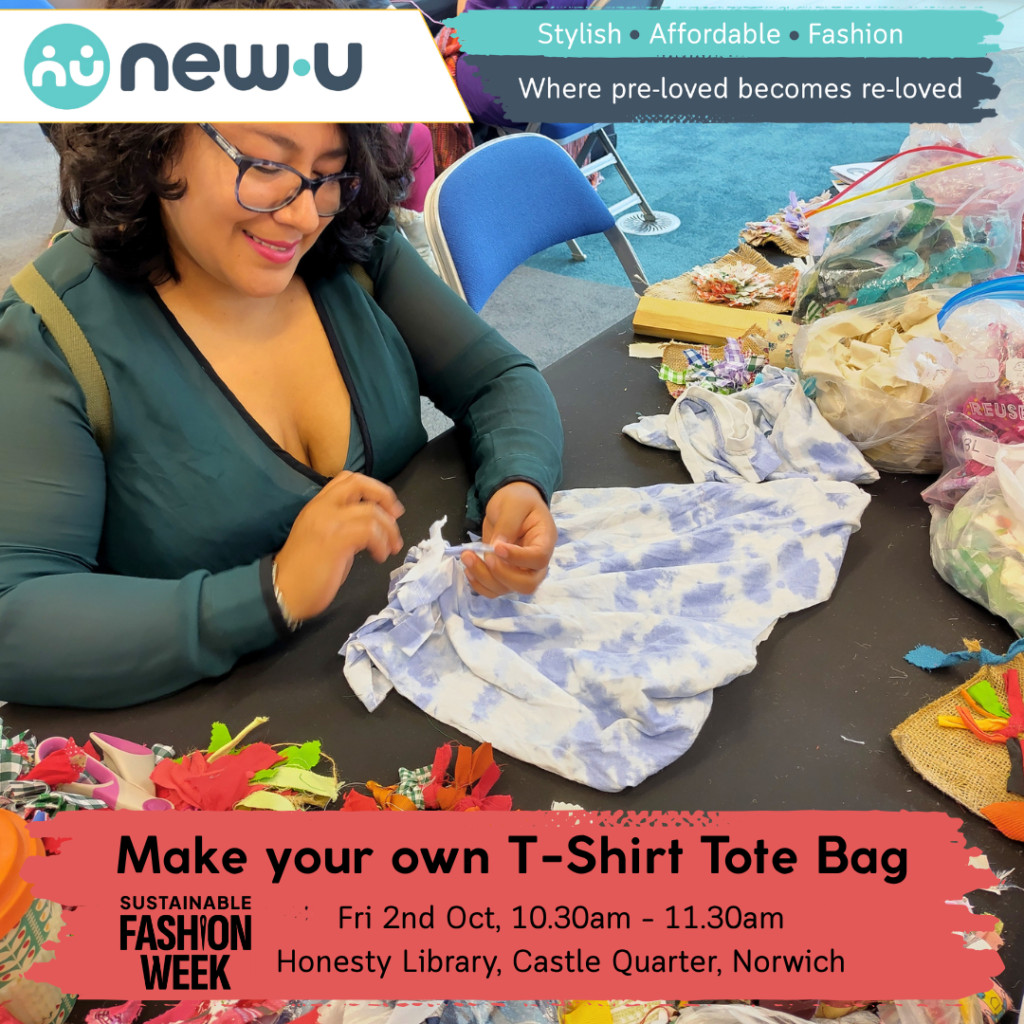 Woman at a craft table making a T-Shirt tote bag by tying knots in bottom the T-shirt